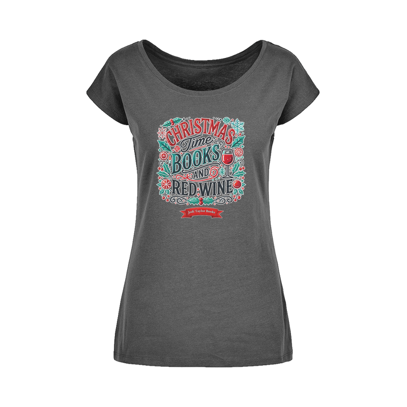 Christmas Time Books and Red Wine (UK) Wide Neck Womens T-Shirt XS-5XL