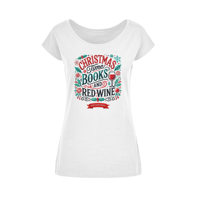 Christmas Time Books and Red Wine (UK) Wide Neck Womens T-Shirt XS-5XL