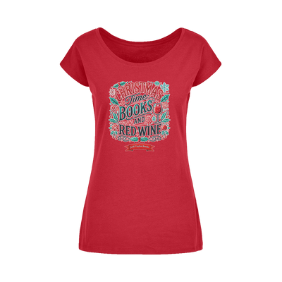 Christmas Time Books and Red Wine (UK) Wide Neck Womens T-Shirt XS-5XL