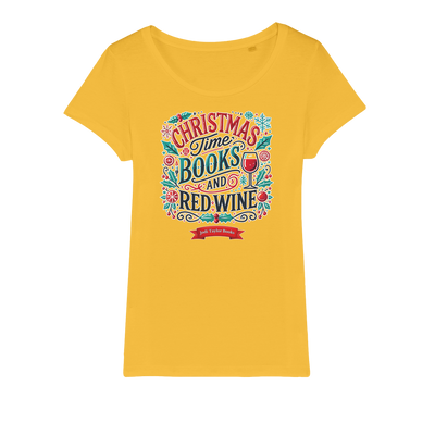 Christmas Time Books and Red Wine (UK) Organic Jersey Womens T-Shirt