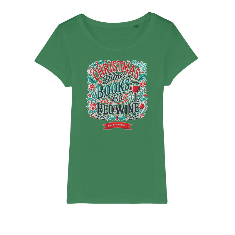 Christmas Time Books and Red Wine (UK) Organic Jersey Womens T-Shirt