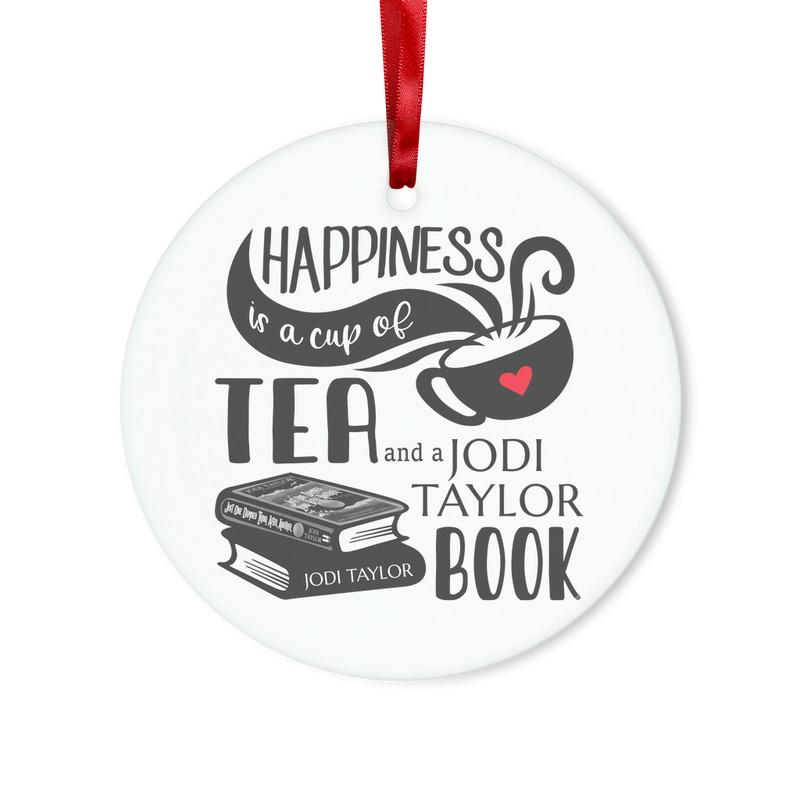 Happiness is a Cup of Tea and a Jodi Taylor Book Glass Hanging Ornament