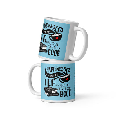 Happiness is a Cup of Tea and a Jodi Taylor Book mug available in 3 sizes (UK, Europe, USA, Canada and Australia)