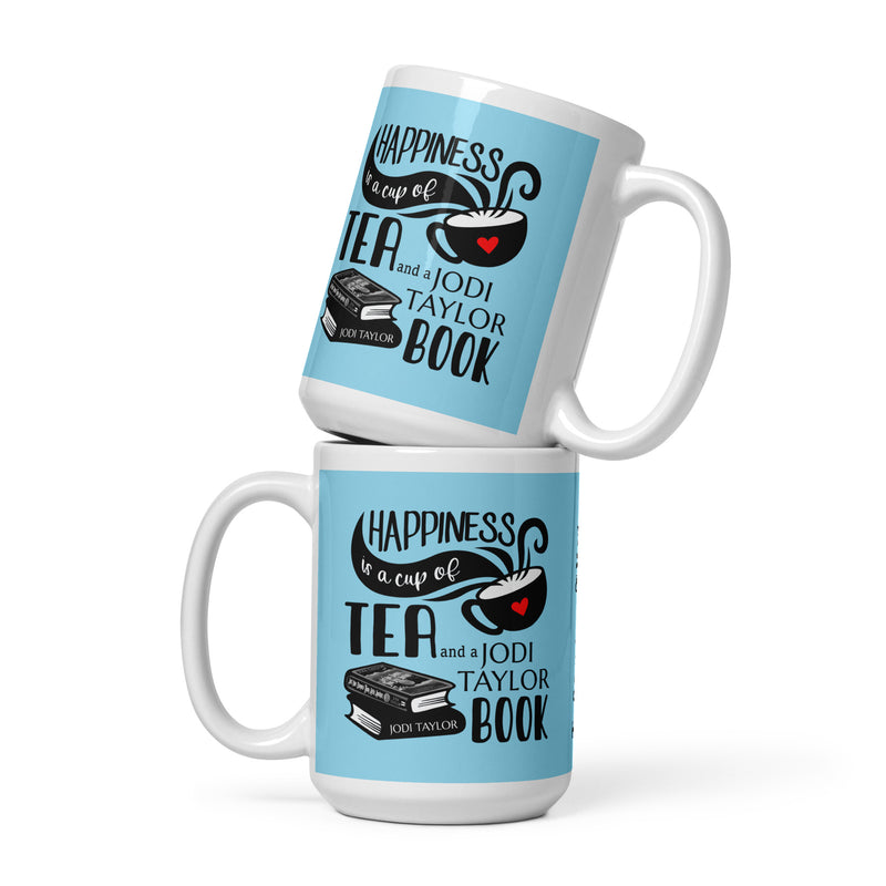 Happiness is a Cup of Tea and a Jodi Taylor Book mug available in 3 sizes (UK, Europe, USA, Canada and Australia)